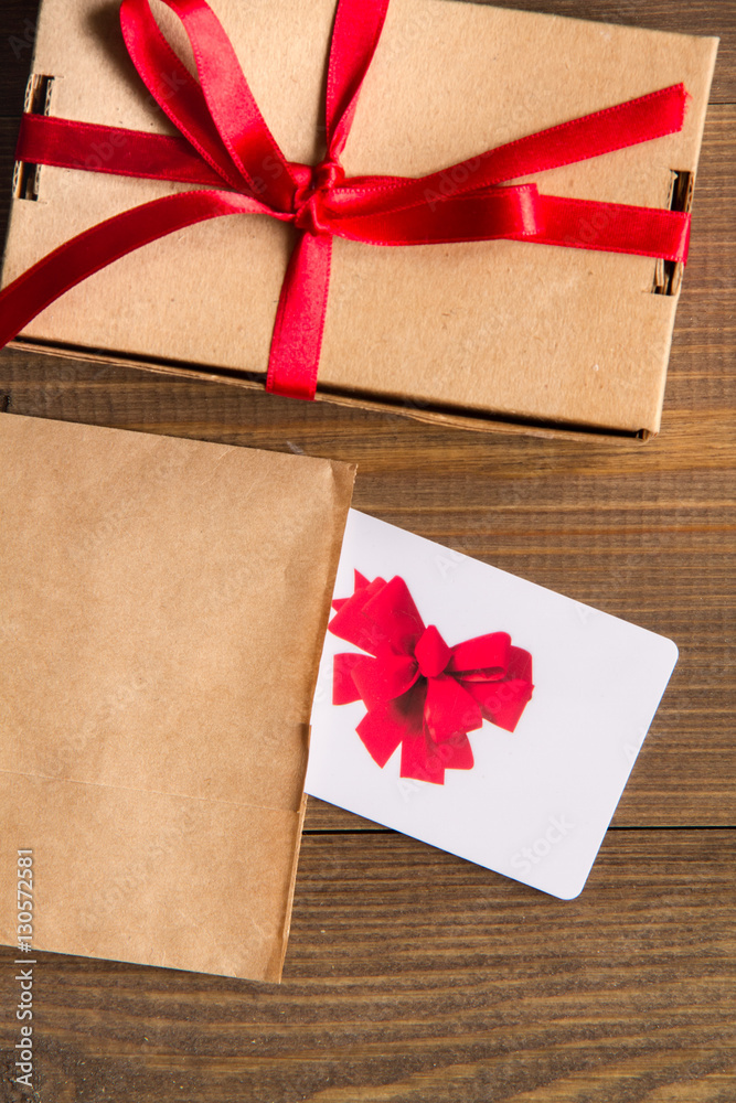 concept of gift cards on wooden background top view