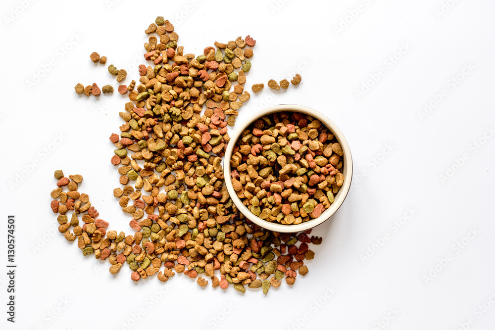 dry cat food in bowl on white background top view