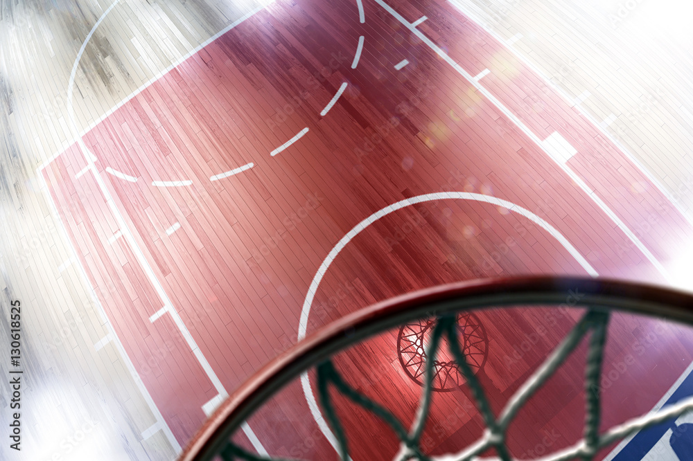 Basketball court floor and hoop 3d render. Floor is motion blur. hoop is unfocused shine