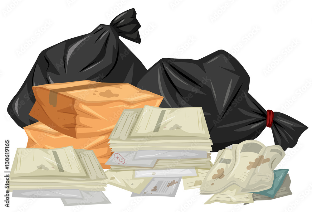 Pile of used papers and bags