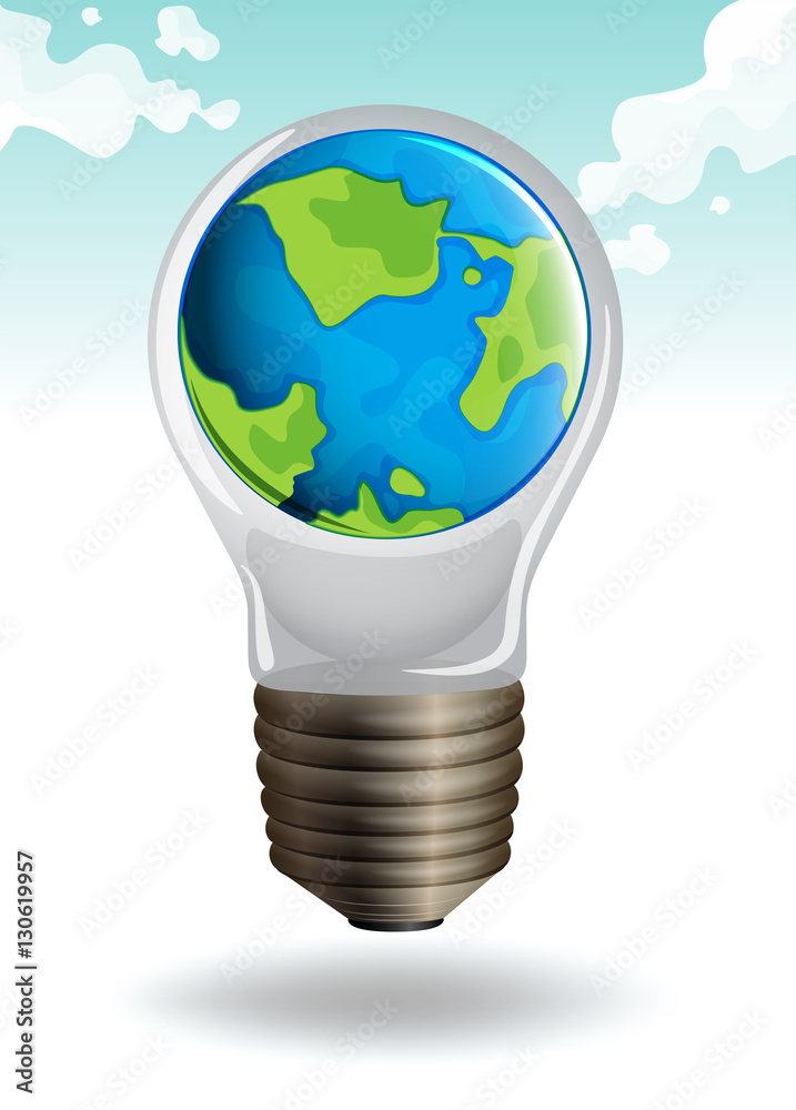 Earth in lightbulb on sky background