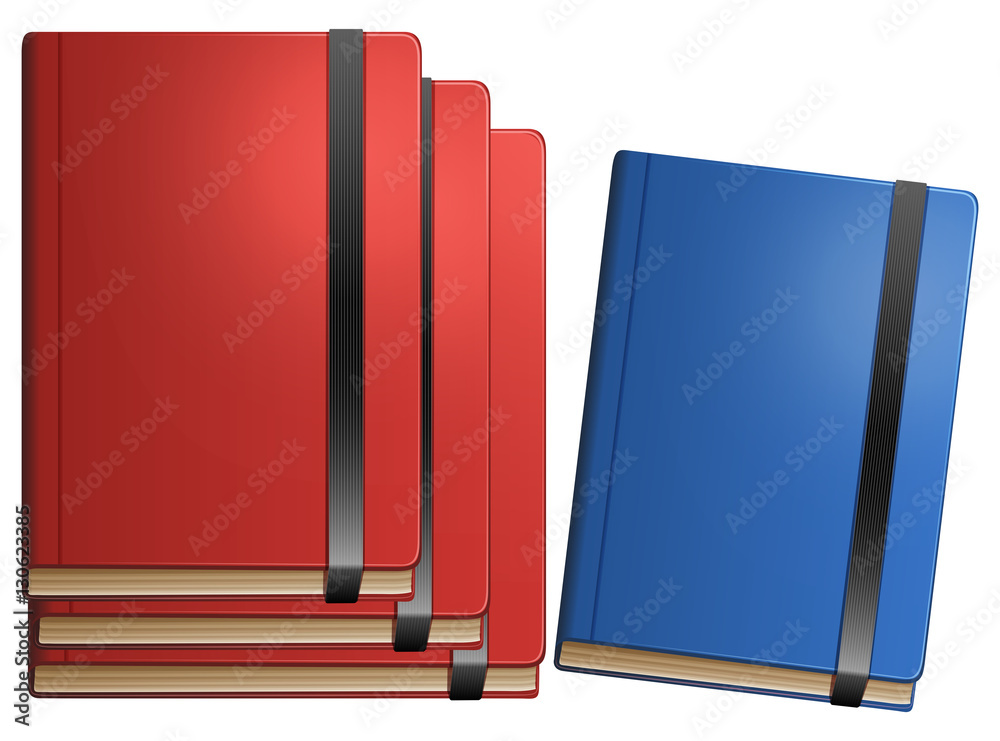 Red books and blue book on white background