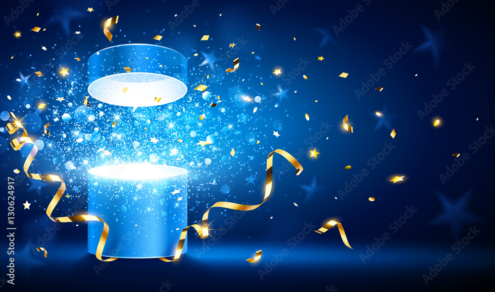 Open gift with gold confetti. Vector