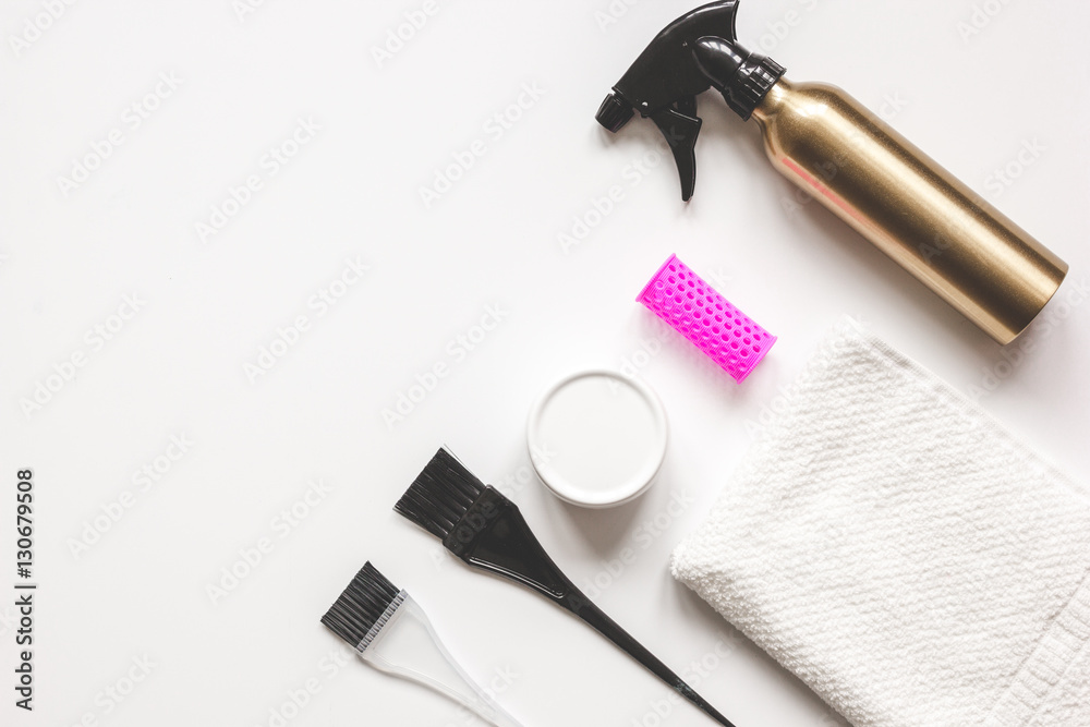 hairdresser working desk preparation for cutting hair top view