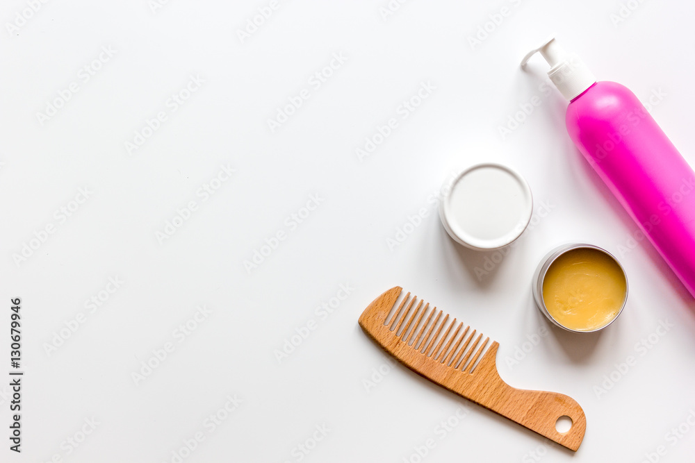 womens haircare spa in bottle on white background top view