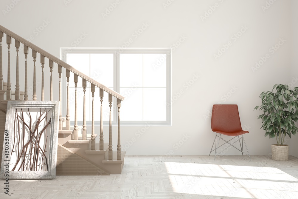 White living room interior with stair