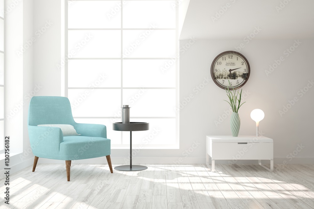 White living room interior with armchair