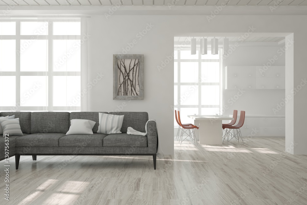 White living room interior with sofa