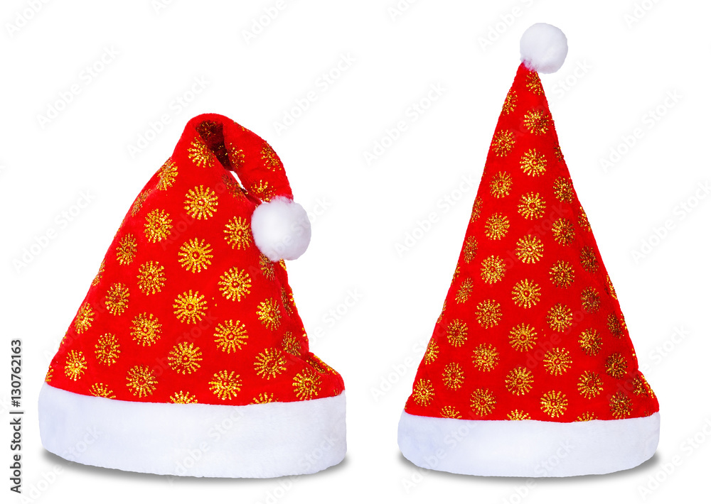 Set of red Santa Claus hats isolated on white background