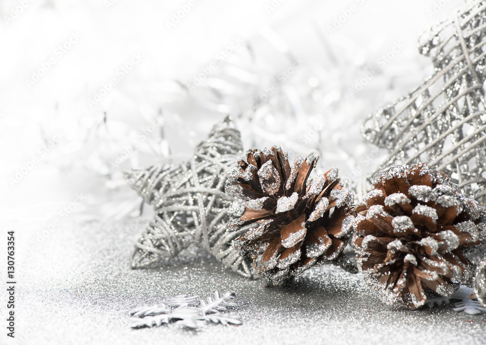 Christmas background. Gray, silver snowflake and star on abstract.