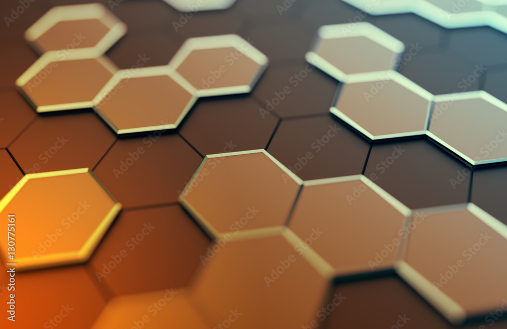 Abstract 3d rendering of futuristic surface with hexagons. Contemporary sci-fi background with bokeh