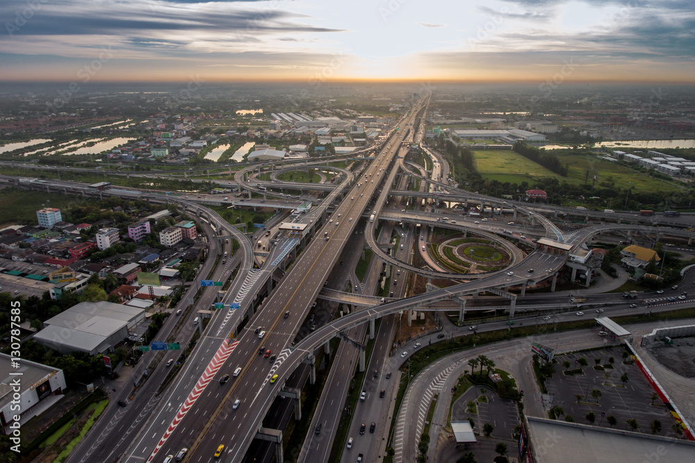 Busy highway junction from aerial view