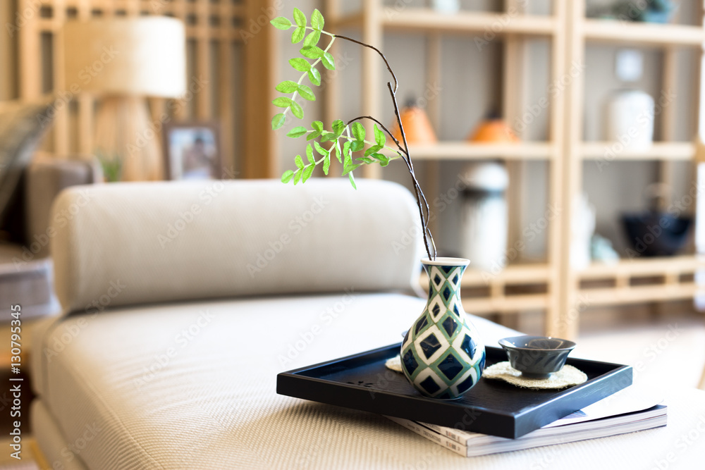 elegant ceramic tea sets on table in modern living room