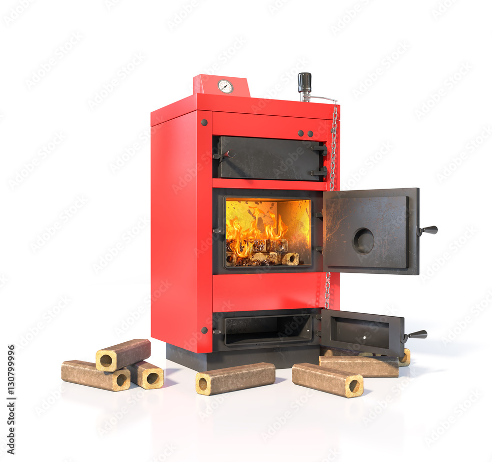 Solid fuel boiler with burning briquettes. Isolated on white bac