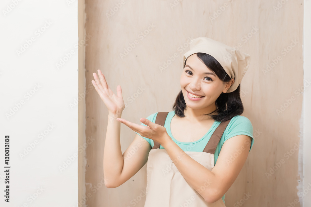 woman woodworking smile happily