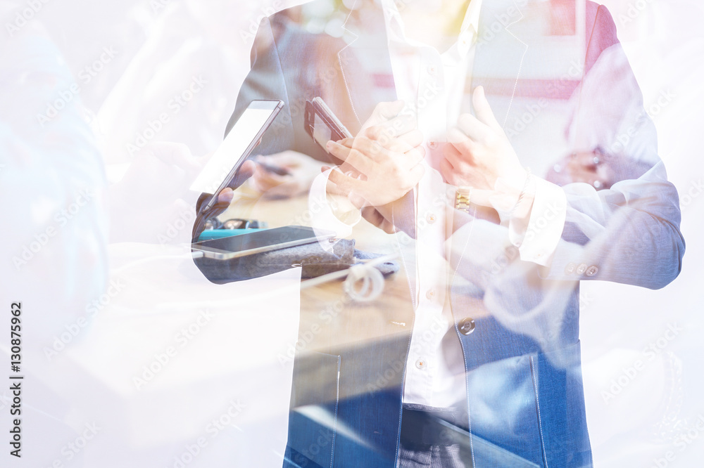 double exposure of business man with Business team standing hand