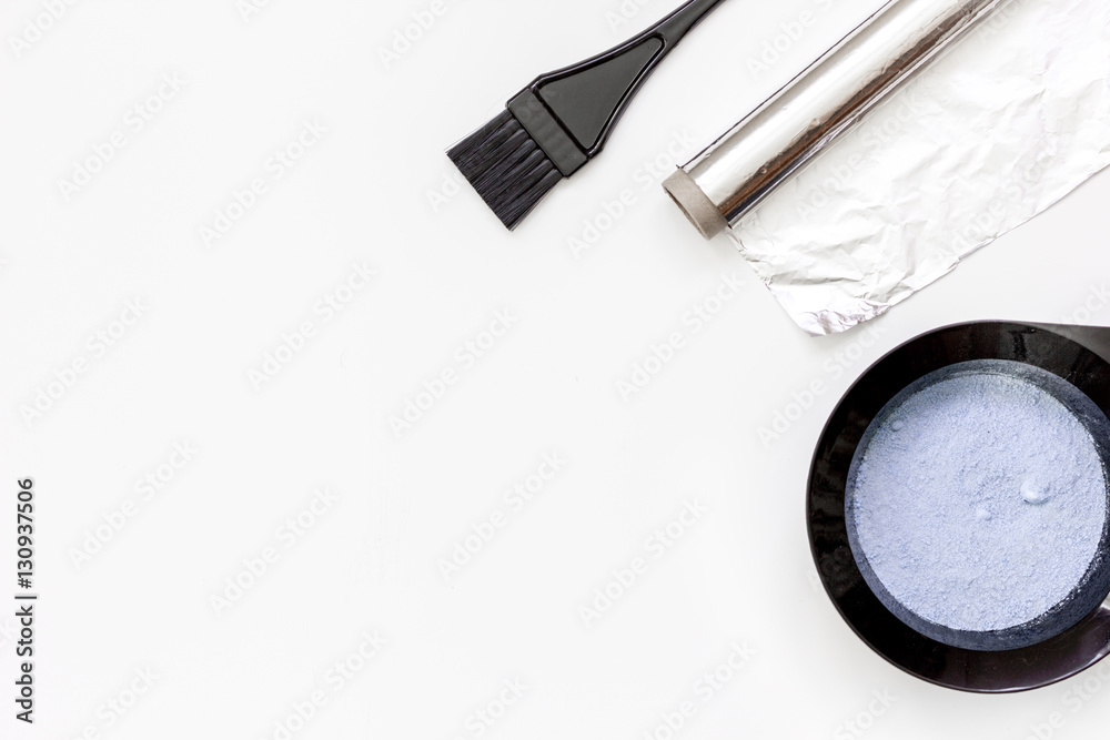 Tools for hair dye and hairdye top view white background