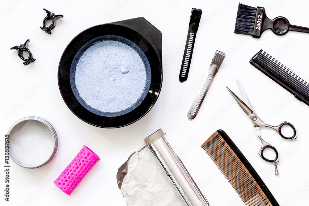 Tools for hair dye and hairdye top view white background