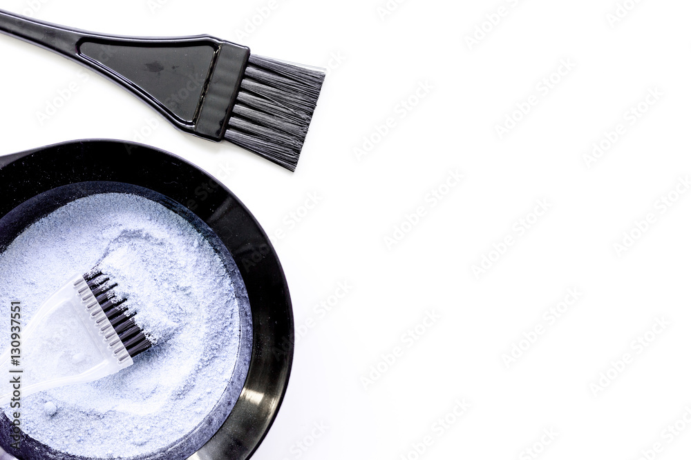 Tools for hair dye and hairdye top view white background