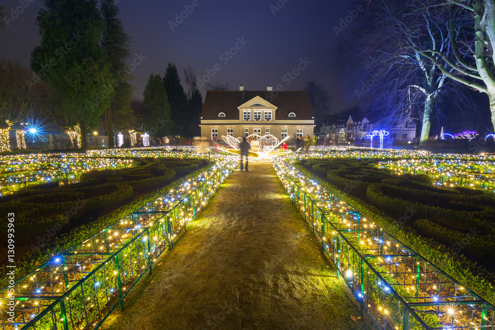 Beautiful Christmas illumination at the park oliwski of Gdansk, Poland