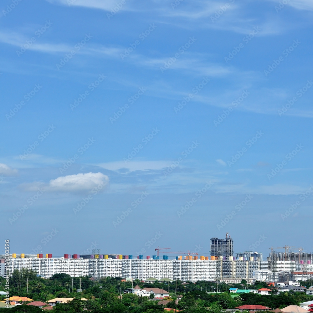 Bangkok Thailand cityscape on good day with blue sky and fluffy