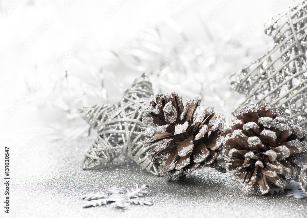 Christmas background. Gray, silver snowflake and star on abstract.