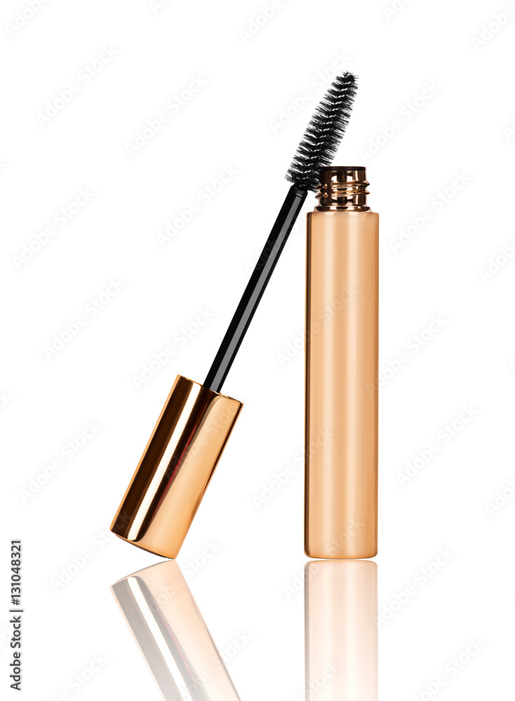 black mascara wand and tube isolated on white background