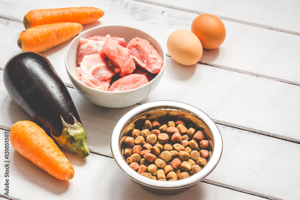 ingredients for pet food natural on wooden background