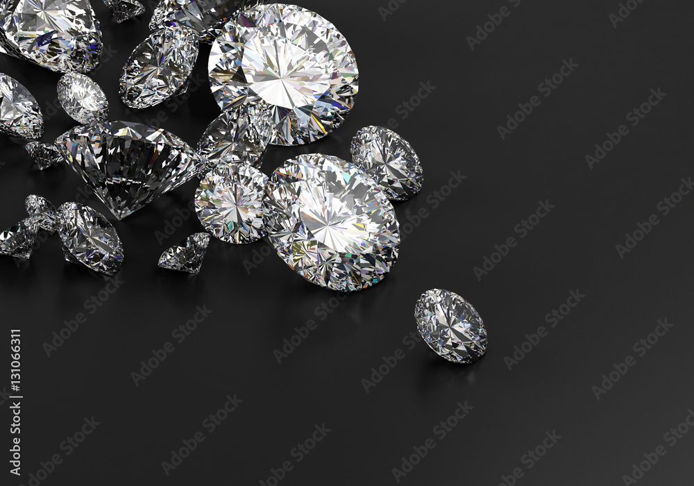 Realistic group of diamonds placed on black background, 3D illustration.