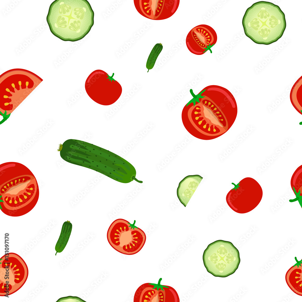 Seamless pattern of ripe cucumbers and tomato. Vegetables flat style