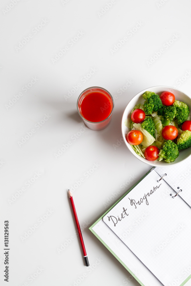 concept diet, slimming plan with vegetables top view mock up