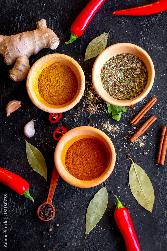 spices in wooden spoons on white background top view