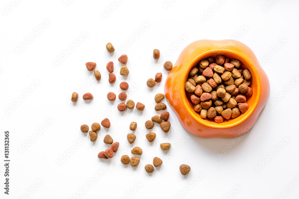 dry pet food in bowl on white background top view