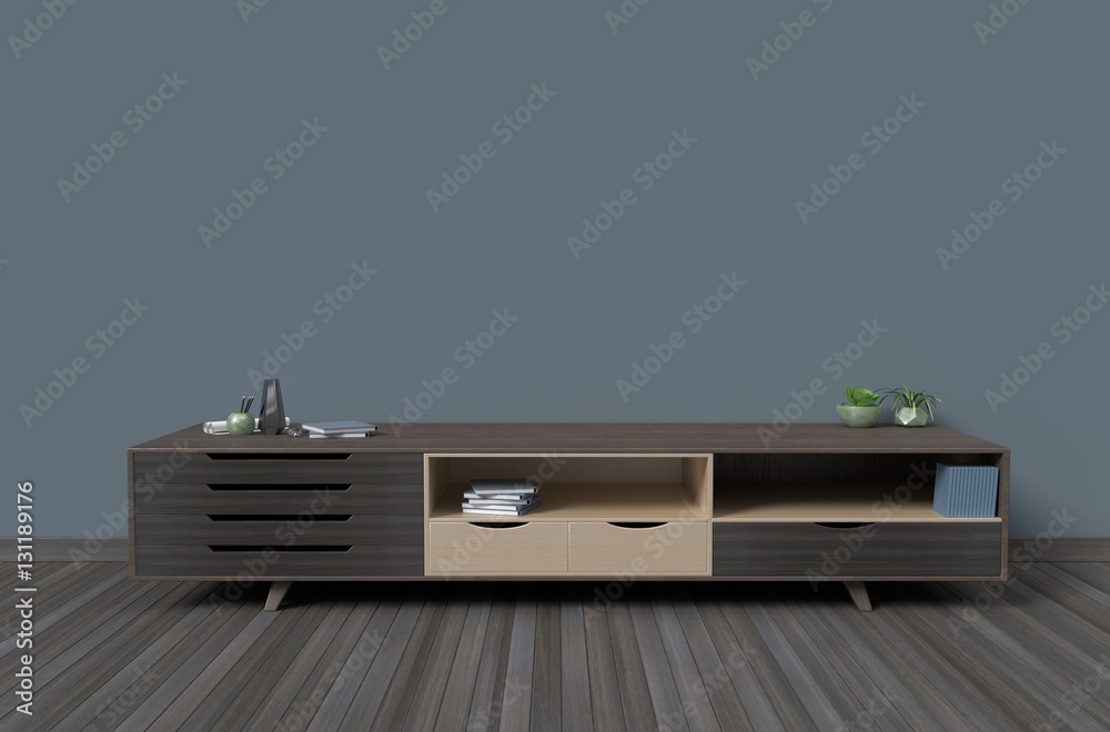 Cabiet in room interior background dark color style,3D rendering