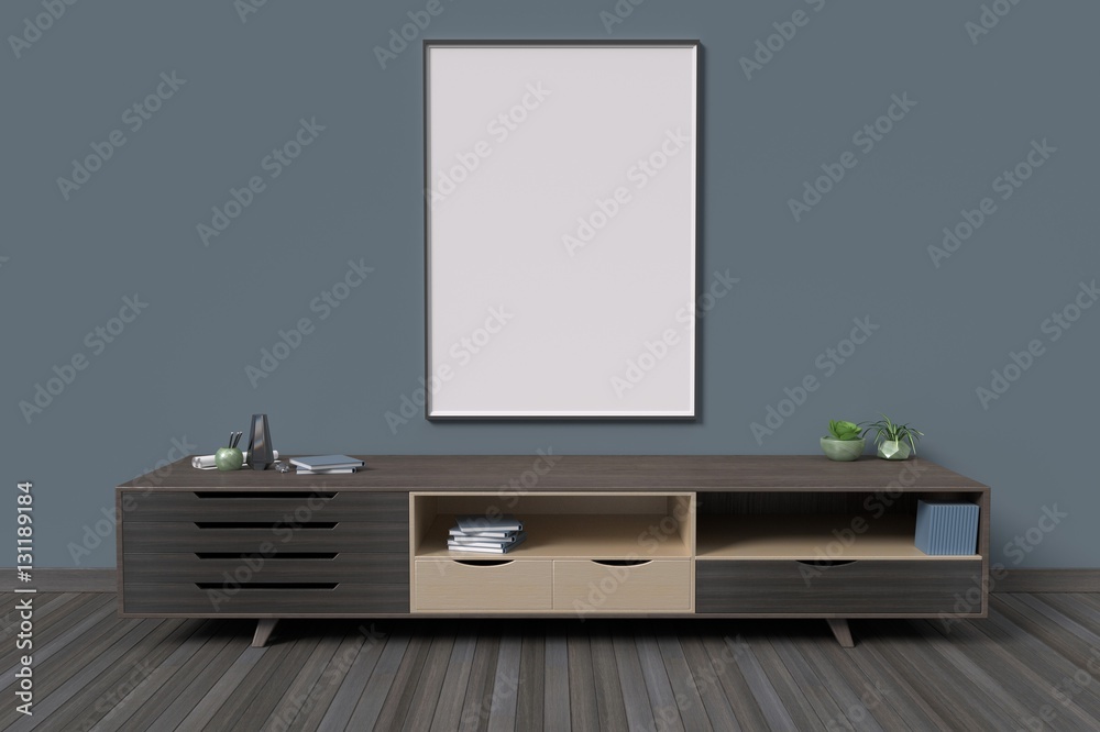 Poster frame in room interior background dark color style,3D rendering