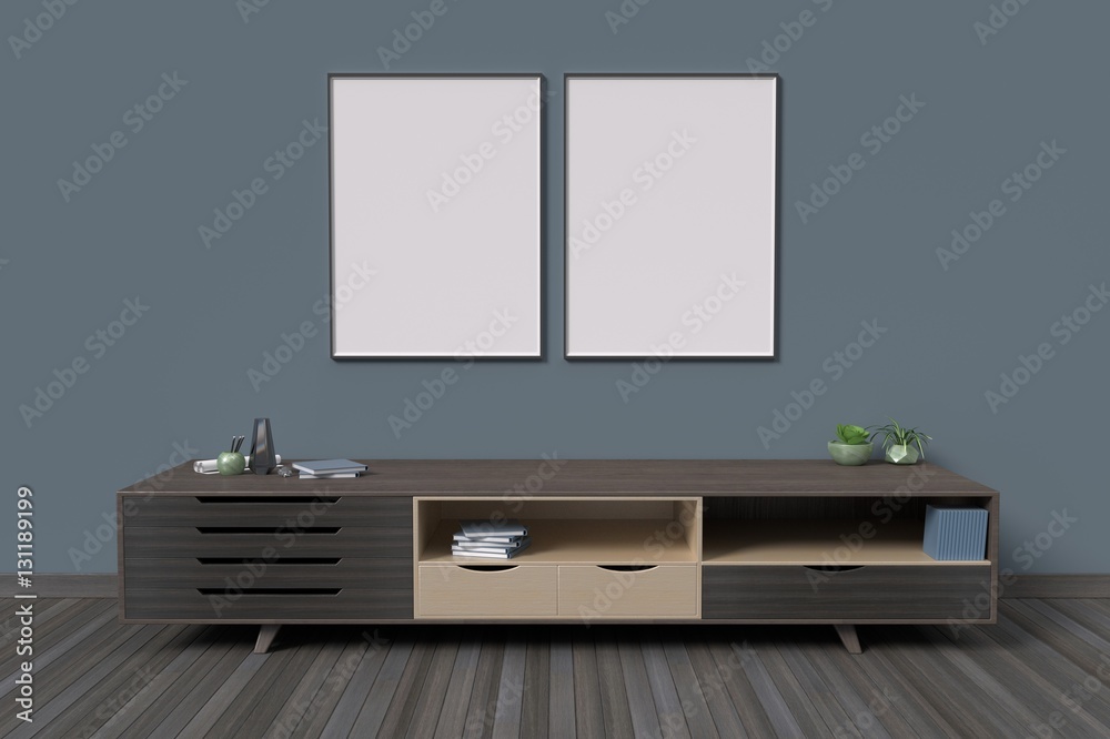 Mock up Poster frame in room interior background dark color style,3D rendering