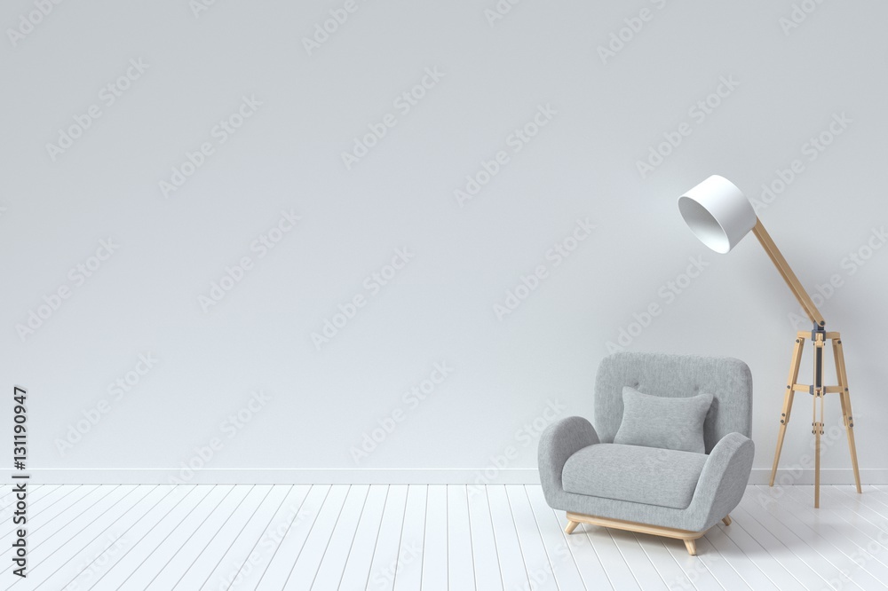 The interior has a sofa and Modern Lighting on empty white wall background,3D rendering