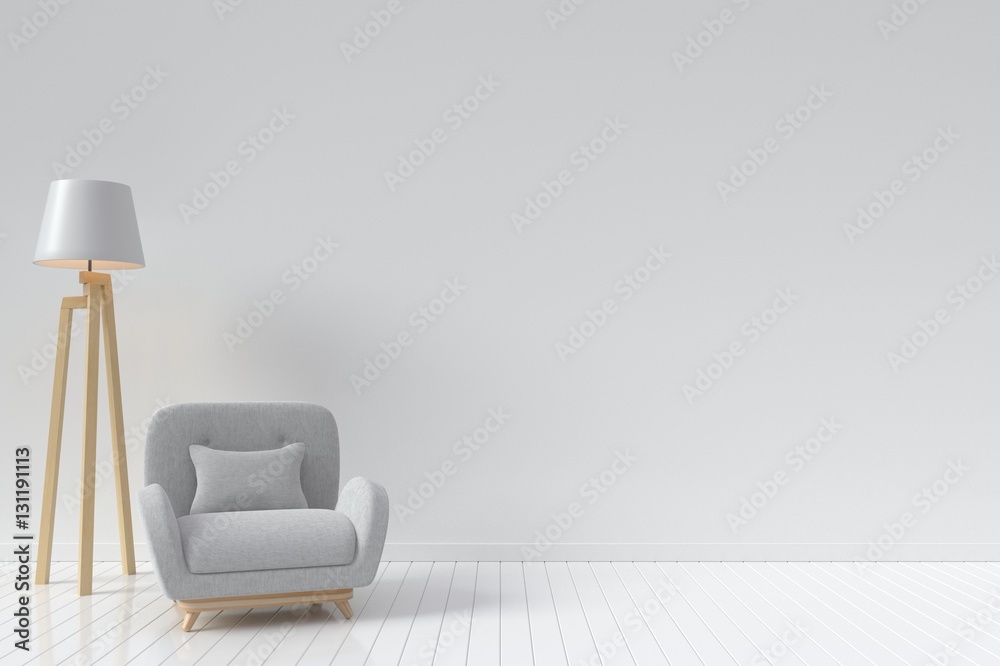 The interior has a Vertical circular sofa and lamp on empty white wall background,3D rendering