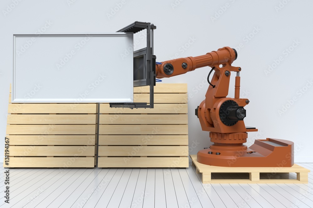 The rooms have wooden pallet on the white wall with Robotic arm ,3d rendering