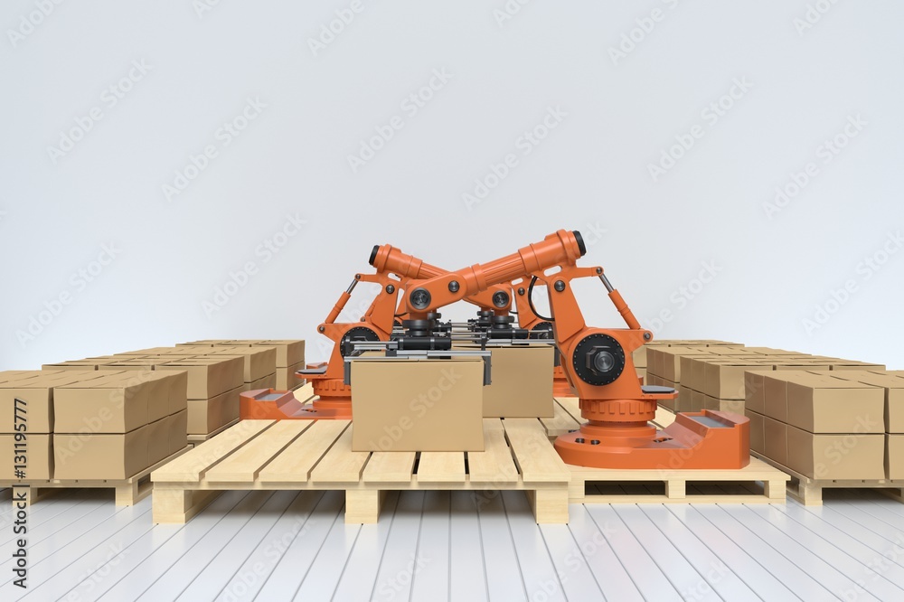 Orange arms robots are carrying a cardboard box in room,3D rendering