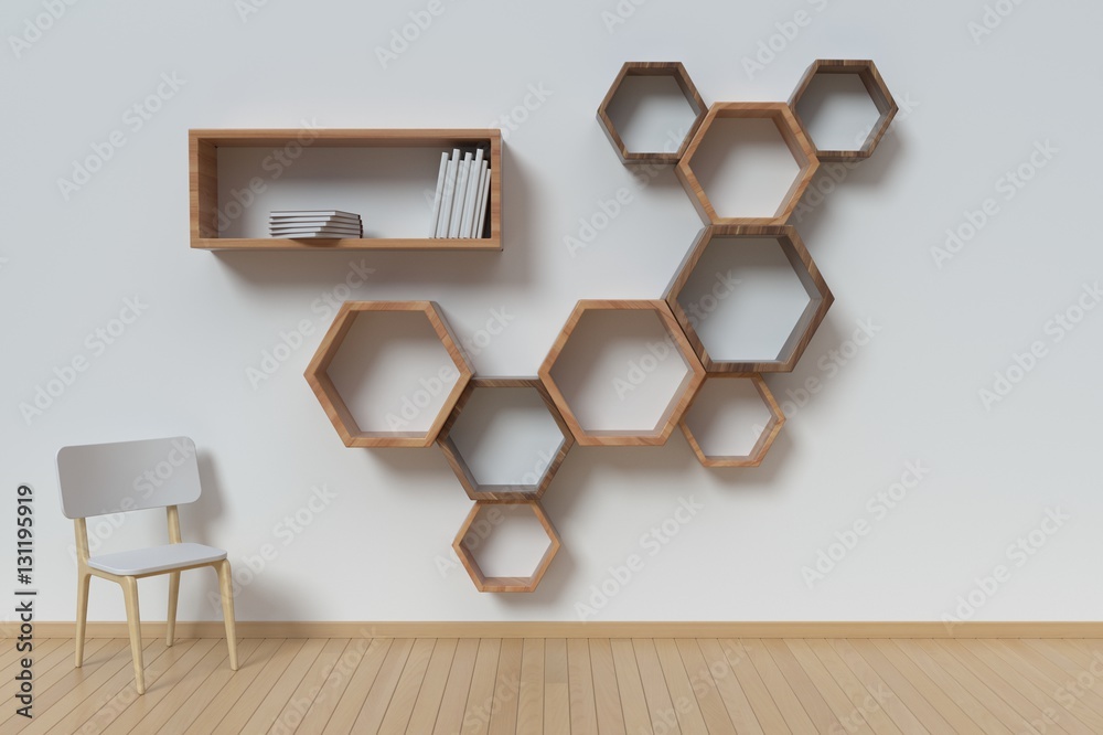 Bookshelf stick the wall with books and chair,3D rendering