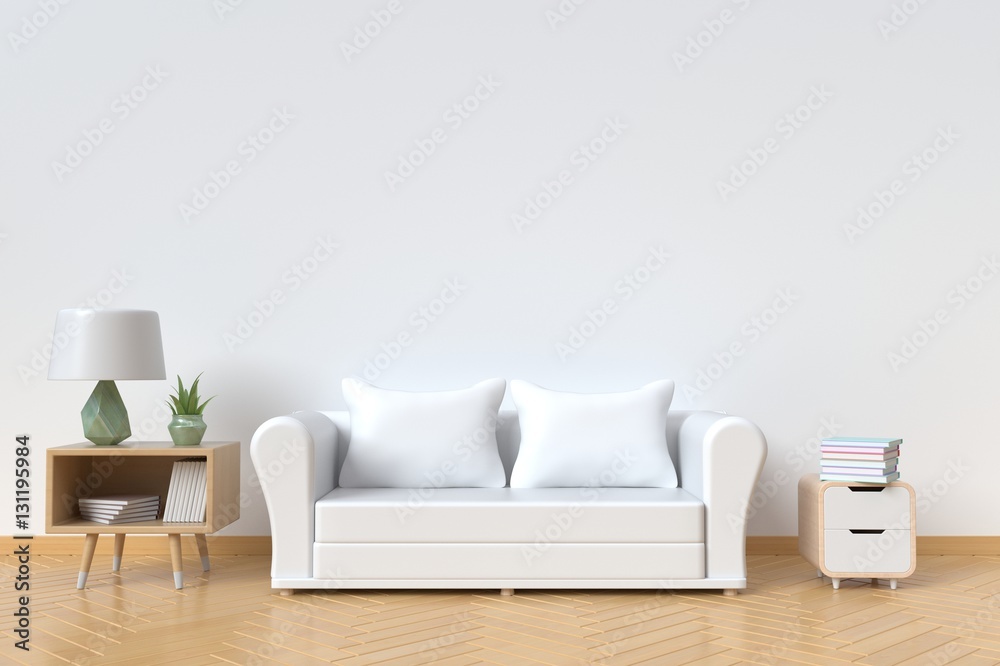 The interior has a White sofa and lamp on empty white wall background,3D rendering