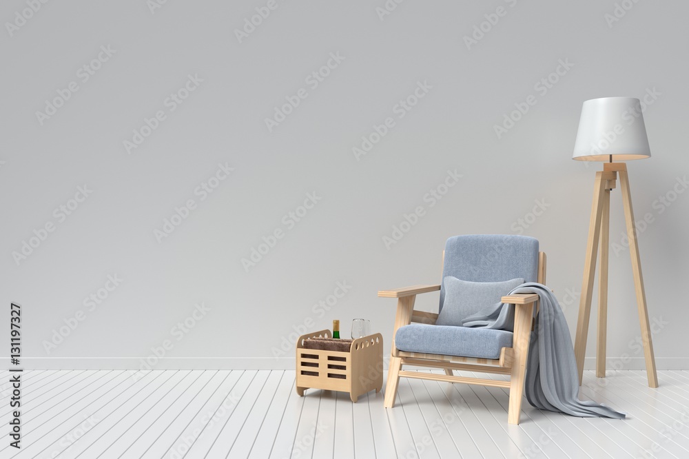 The interior has a sofa and lamp on empty white wall background,3D rendering