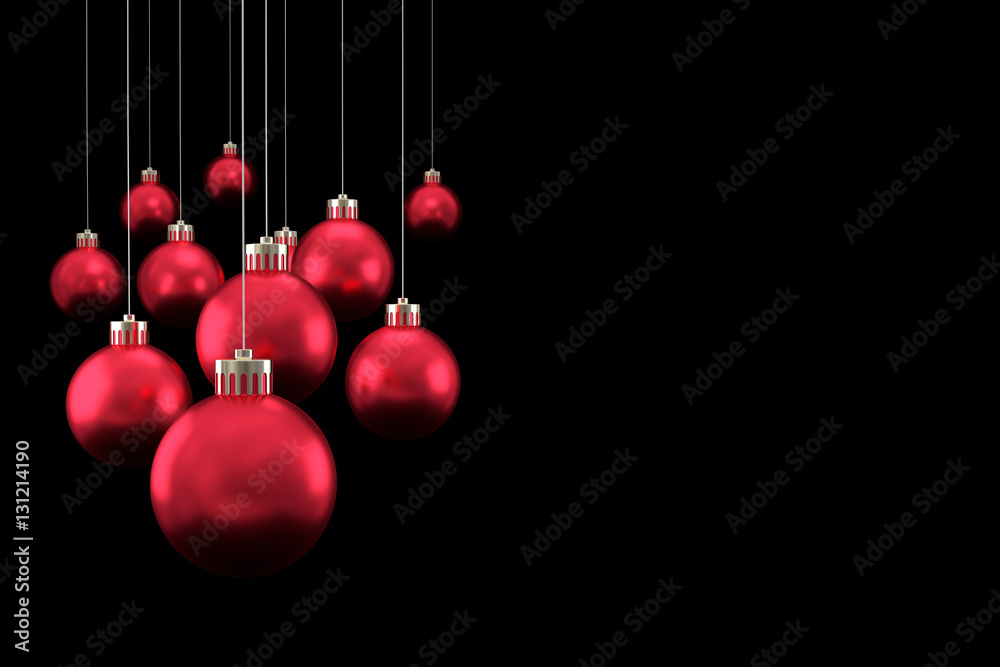 Red Christmas balls hanging on a dark background. 3D illustration