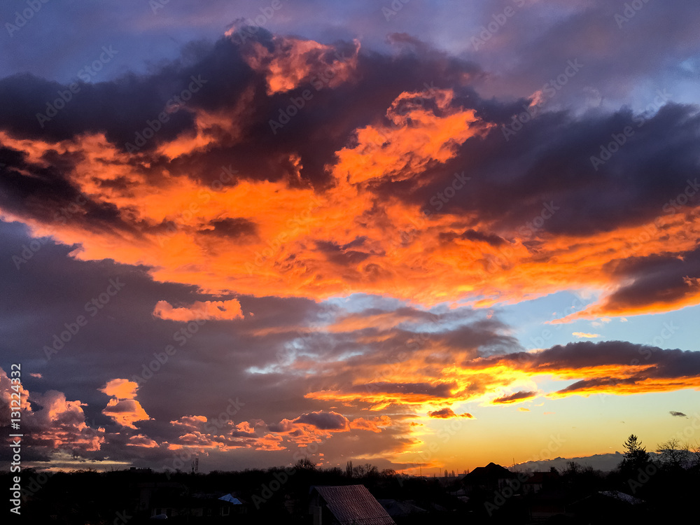 Beautiful Orange Sunset Over Village