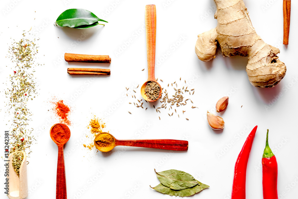 spices in wooden spoons on white background top view