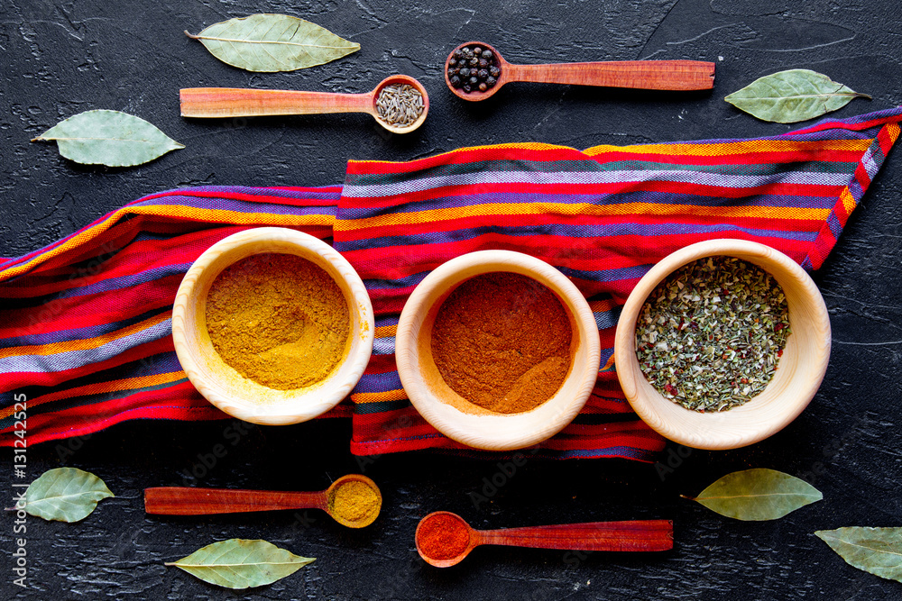 spices in wooden spoons on white background top view