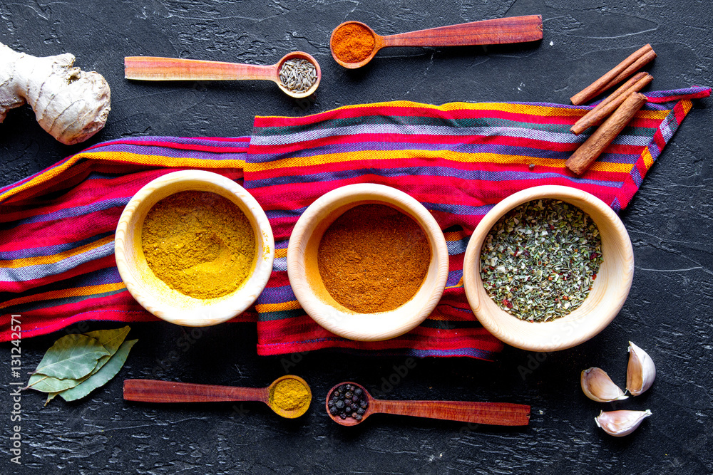 spices in wooden spoons on white background top view