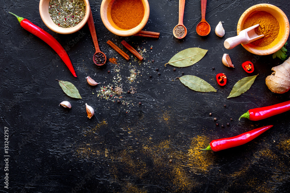 spices in wooden spoons on white background top view