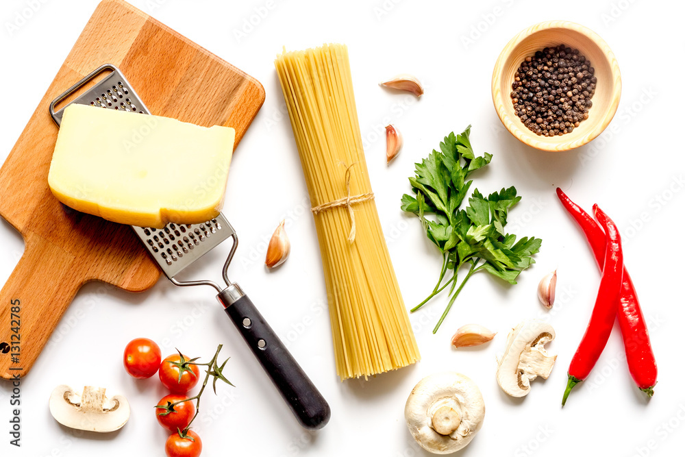 ingredients for cooking paste on white background top view